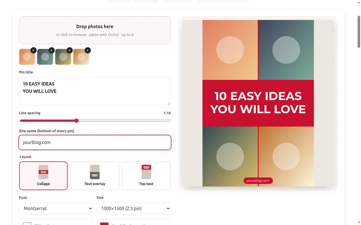 Quick Pin Maker editor with photos being added to the drop zone